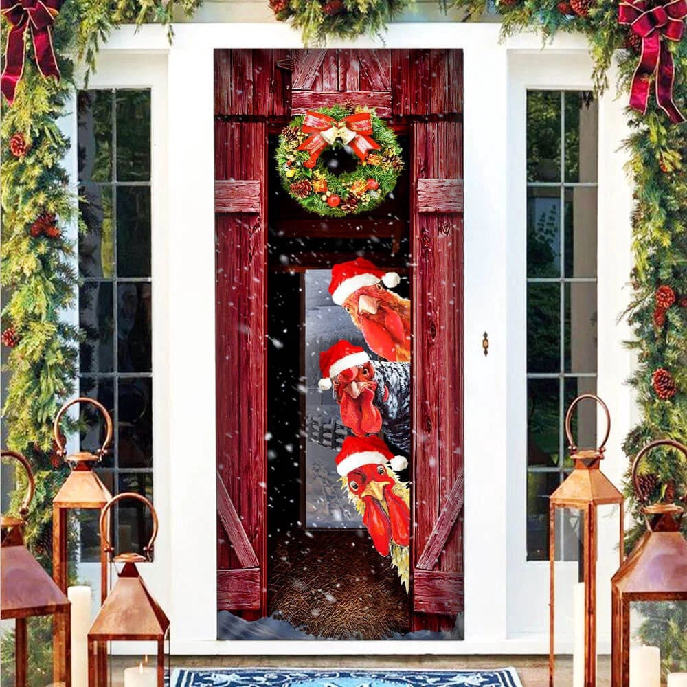 Funny Rooster Chicken Merry Christmas Door Cover, Unique Gifts Doorcover, Christmas Gift Decor