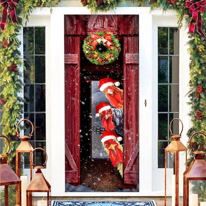 Funny Rooster Chicken Merry Christmas Door Cover, Unique Gifts Doorcover, Christmas Gift Decor
