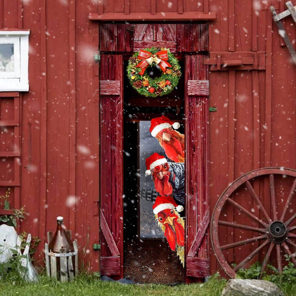 Funny Rooster Chicken Merry Christmas Door Cover, Unique Gifts Doorcover, Christmas Gift Decor