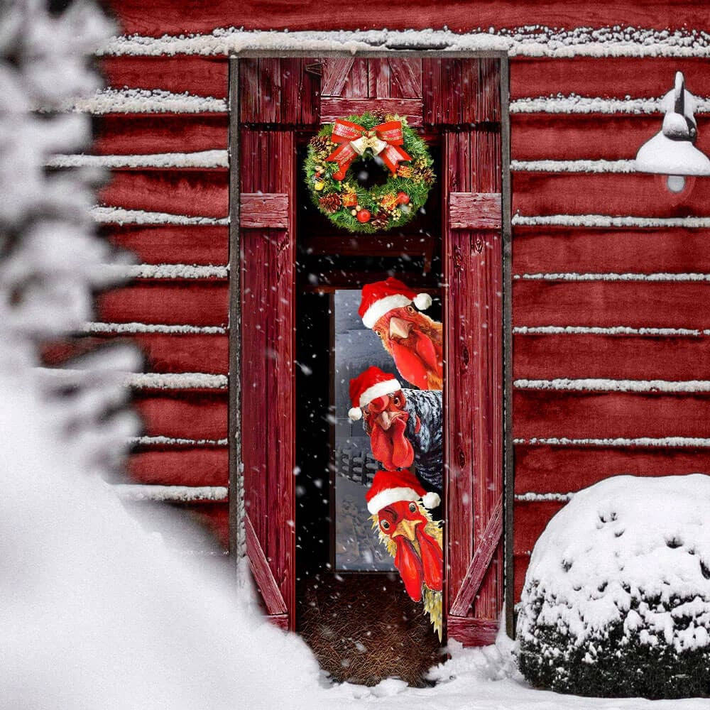 Funny Rooster Chicken Merry Christmas Door Cover, Unique Gifts Doorcover, Christmas Gift Decor