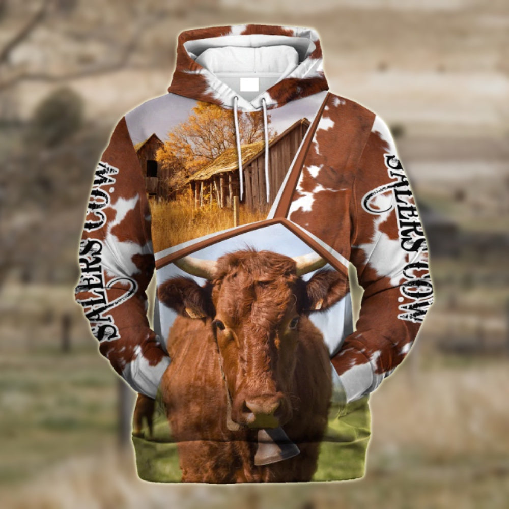 Funny Salers Cattle Farmhouse 3D Printed Hoodie, Farmer Hoodie, Farm Themed Shirts, Farm Tee Shirts
