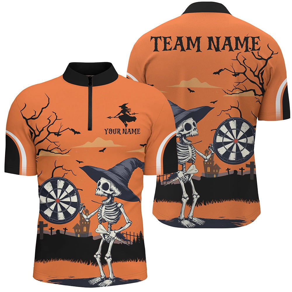 Funny Skeleton Orange Halloween Darts Shirts For Men Custom Halloween Gifts For Darts Love, Darts Team Jersey Shirt