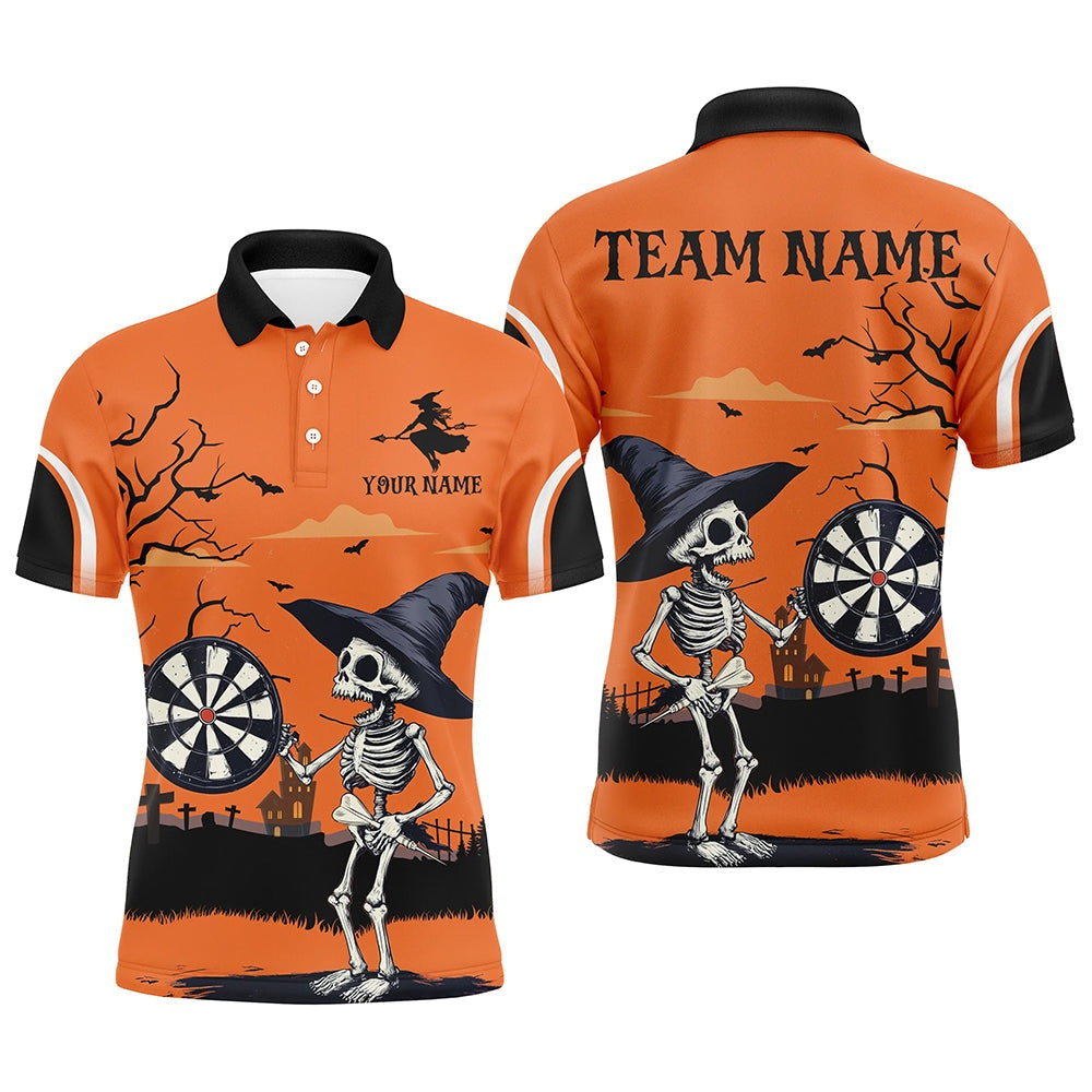 Funny Skeleton Orange Halloween Darts Shirts For Men Custom Halloween Gifts For Darts Lover, Darts Team Polo Shirt
