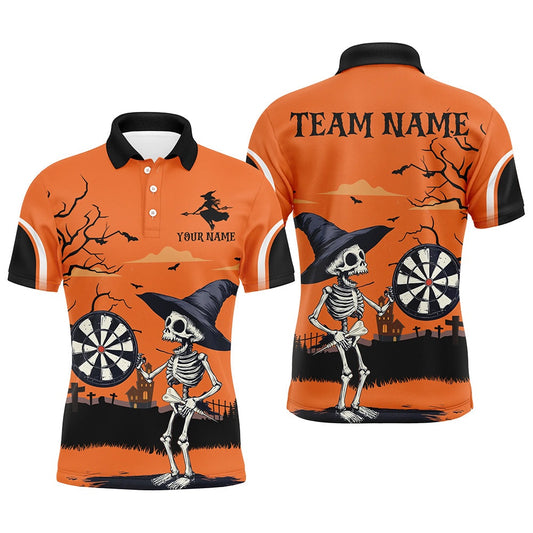 Funny Skeleton Orange Halloween Darts Shirts For Men Custom Halloween Gifts For Darts Lover, Darts Team Polo Shirt