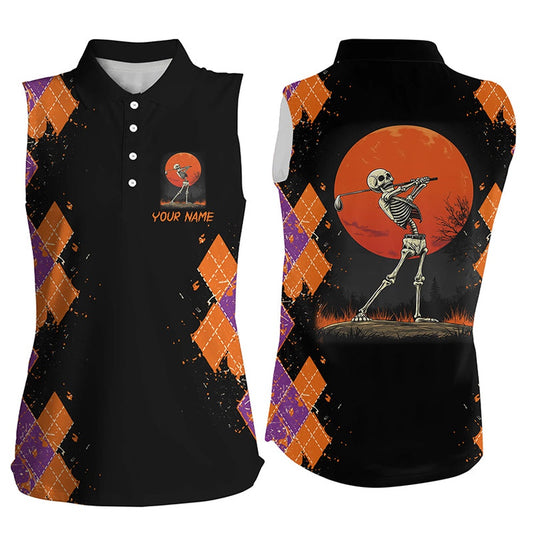 Funny Skull Halloween Argyle Pattern Black Women Sleeveless Polo Shirts Custom Halloween Golf Clothes, Women Golf Shirts