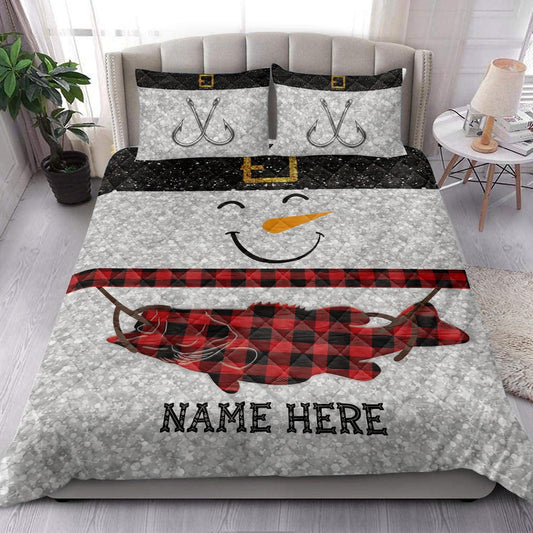 Funny Snowman Bringmas Fishing Glitter Red Buffalo Plaid Bedding Set, Christmas Beddings, Xmas Bedding Sets