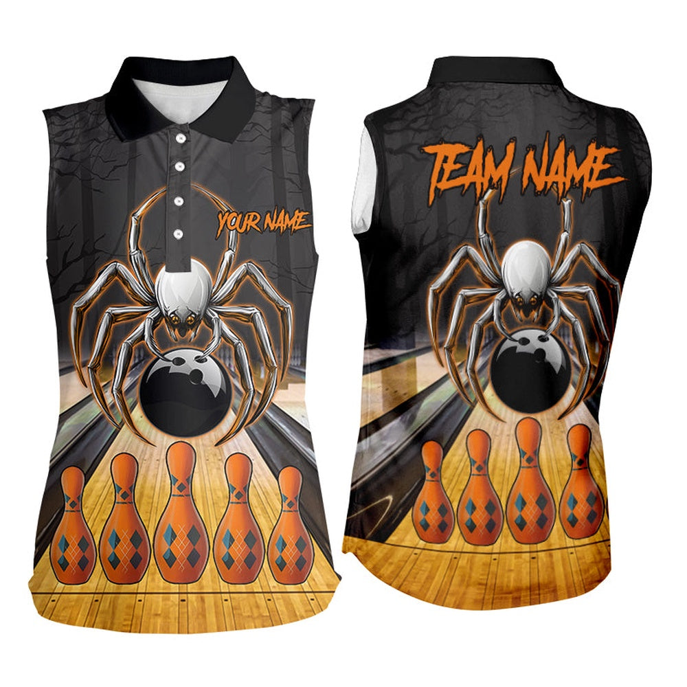 Funny Spider Halloween Bowling Sleeveless Polos Custom Bowling Team Polo, Halloween Bowling Outfits, Women Bowling Shirts
