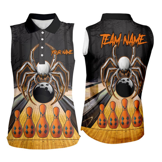Funny Spider Halloween Bowling Sleeveless Polos Custom Bowling Team Polo, Halloween Bowling Outfits, Women Bowling Shirts