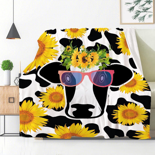 Funny Sunglasses Cattle Flower Pattern Blanket, Farm Blanket, Farm Animal Blanket