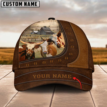 Funny Texas Longhorn Cattle Customized Name Brown Cap, Farmer Cap, Vintage Farmer Hat, Mens Farmer Hats, Cap For Farmers