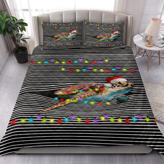 Funny Turtle Withmas Hat String Light Xmas Winter Holiday Bedding Set, Christmas Beddings, Xmas Bedding Sets
