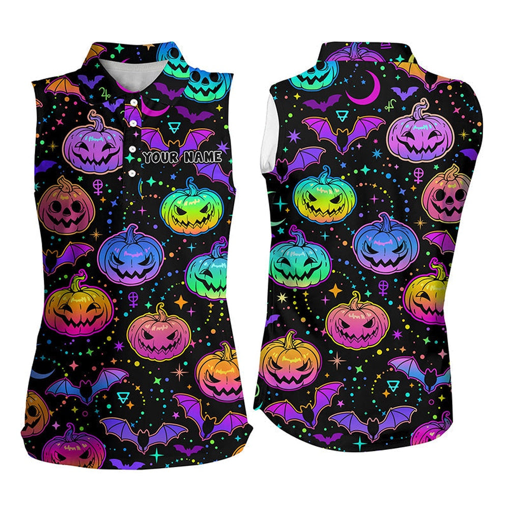 Funny Women Sleeveless Polo Shirt Colorful Neon Black Halloween Background Custom Women Golf Tank Tops, Women Golf Shirts