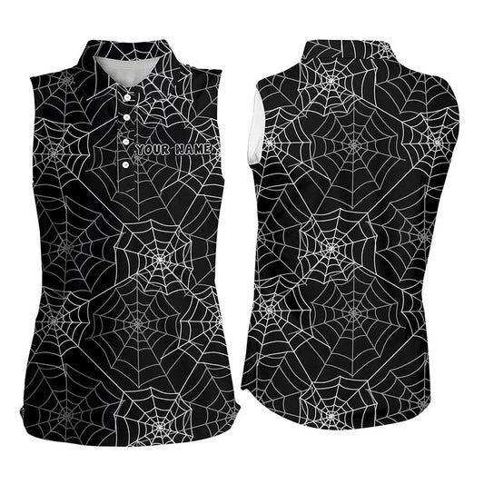 Funny Women Sleeveless Polo Shirt Spider Web Black Halloween Background Custom Golf Clothing, Women Golf Shirts
