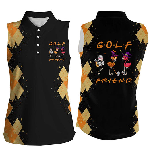 Funny Women Sleeveless Polo Shirts Orange Argyle Pattern Black Halloween Custom Flamingo Golf Friends, Women Golf Shirts