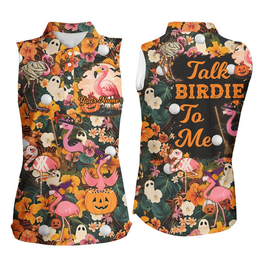 Funny Women Sleeveless Polos Custom Halloween Tropical Flower Flamingo Golf Shirts Talk Birdie To Me, Women Golf Shirts