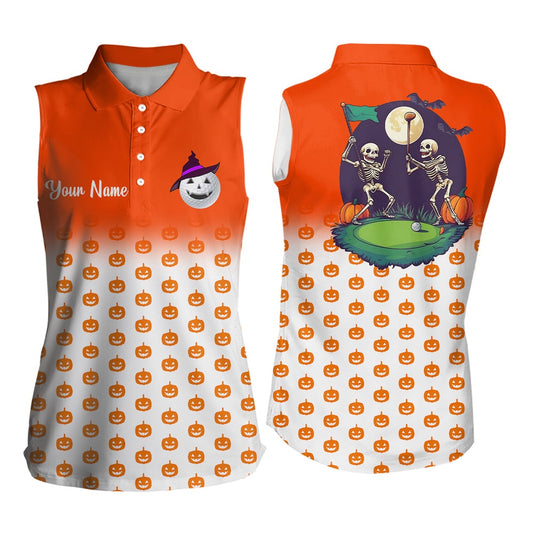 Funny Womens Sleeveless Golf Polo Shirt Custom Orange Halloween Pumpkin Pattern Skull Golf Apparel, Women Golf Shirts