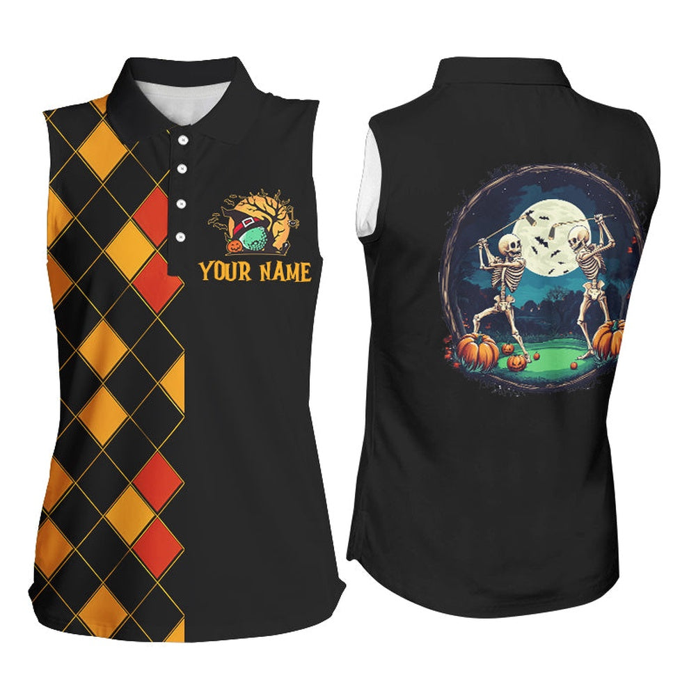Funny Womens Sleeveless Golf Polos Custom Black And Orange Argyle Pattern Halloween Skull Golf Tops, Women Golf Shirts