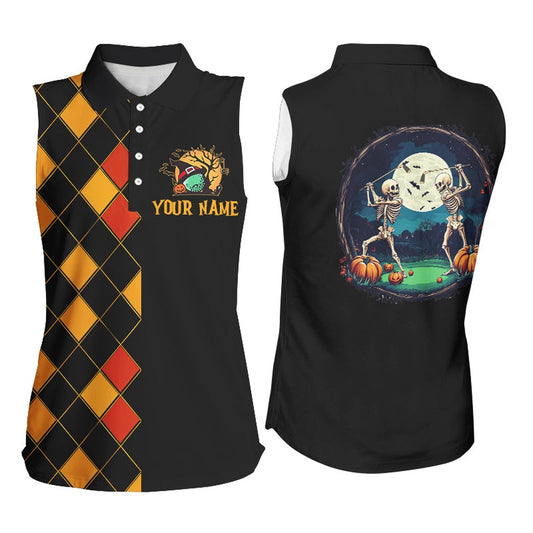 Funny Womens Sleeveless Golf Polos Custom Black And Orange Argyle Pattern Halloween Skull Golf Tops, Women Golf Shirts