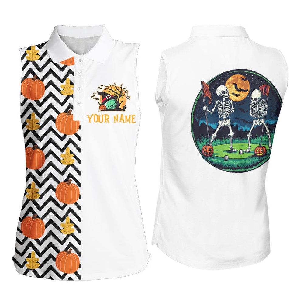 Funny Womens Sleeveless Golf Polos Custom Orange Pumpkin Autumn Pattern Halloween Skull Golf Tops, Women Golf Shirts