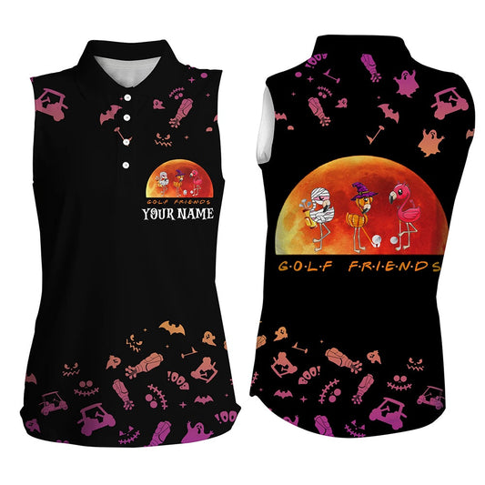 Funny Womens Sleeveless Polo Shirt Orange Black Halloween Background Custom Name Flamingo Golf Friends, Women Golf Shirts