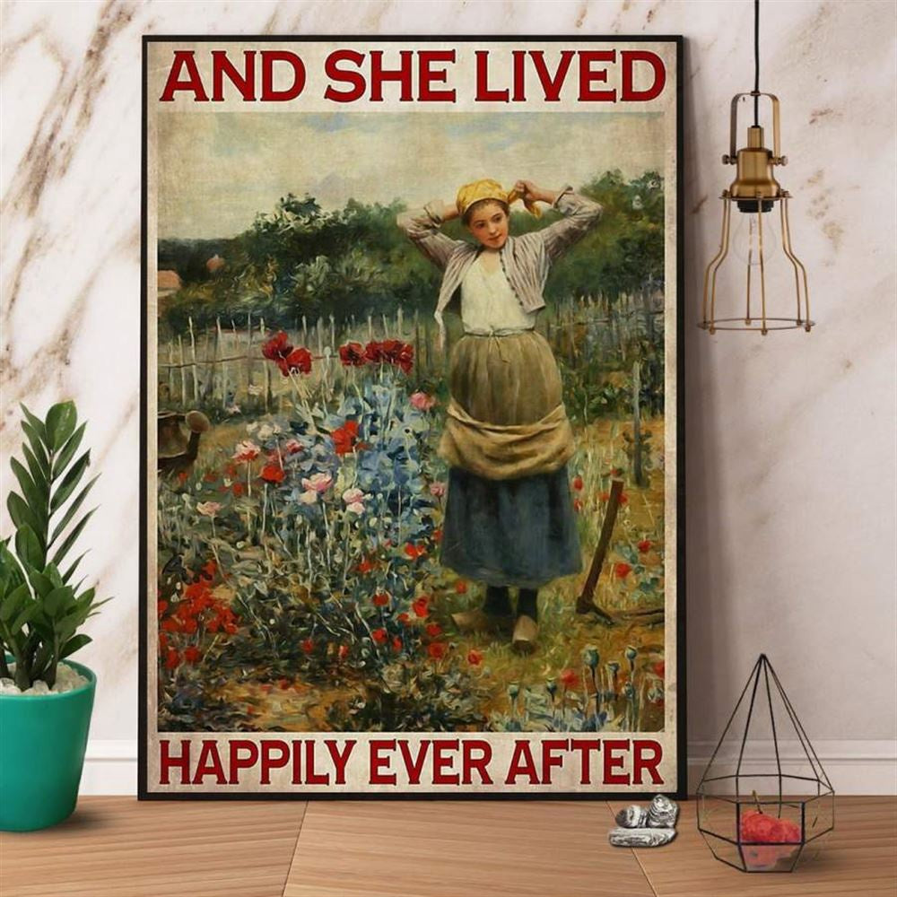 Gardening She Lived Happily Ever After Farmer Vintage Flowers Canvas, Farm Canvas, Farm Art Decor