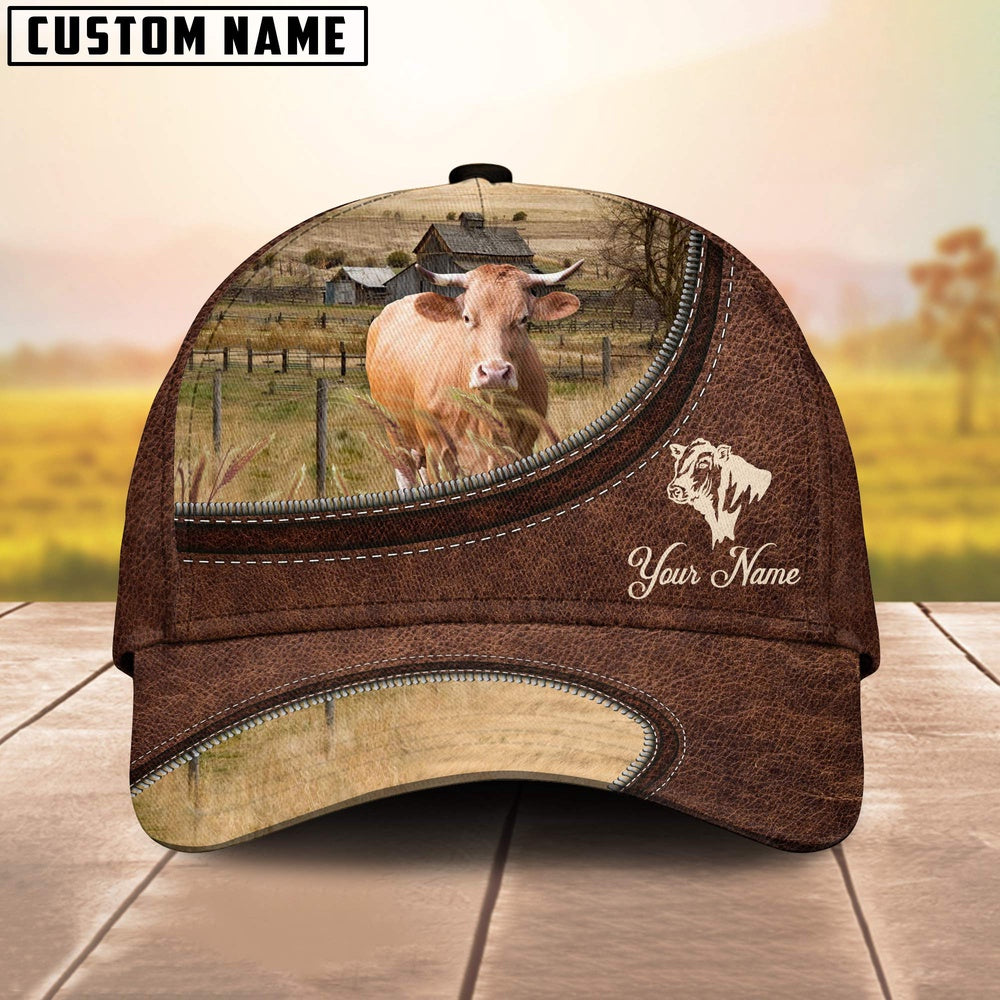 Gelbivieh On The Farm Customized Name Leather Pattern Cap, Farmer Cap, Vintage Farmer Hat, Mens Farmer Hats, Cap For Farmers