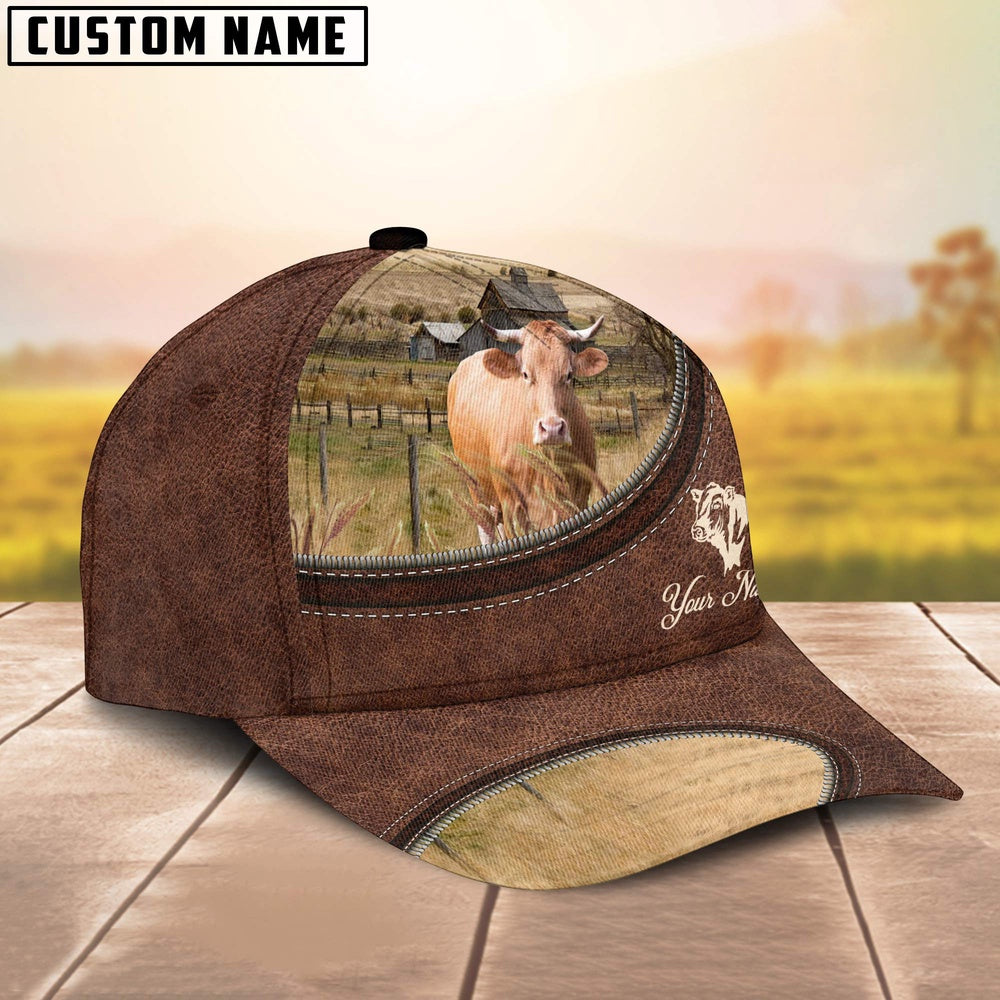 Gelbivieh On The Farm Customized Name Leather Pattern Cap, Farmer Cap, Vintage Farmer Hat, Mens Farmer Hats, Cap For Farmers
