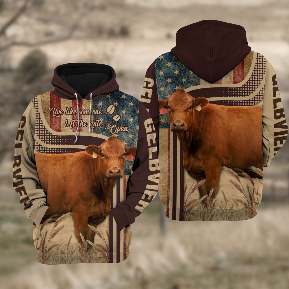 Gelbvieh Cattle 3D American Flag Quotation Hoodie, Farmer Hoodie, Farm Themed Shirts, Farm Tee Shirts