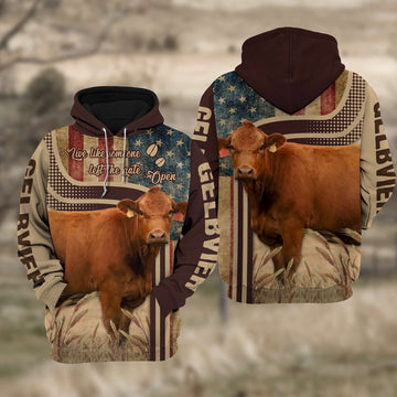 Gelbvieh Cattle 3D American Flag Quotation Hoodie, Farmer Hoodie, Farm Themed Shirts, Farm Tee Shirts