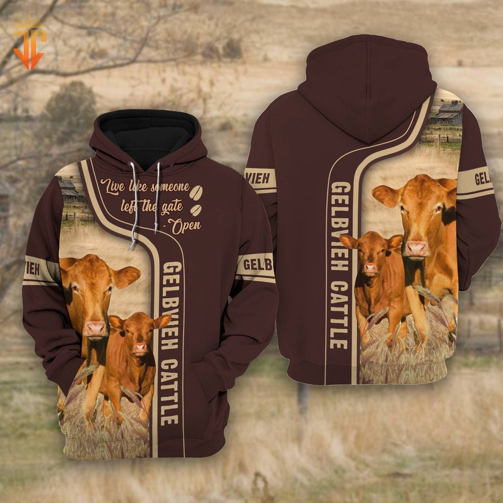 Gelbvieh Cattle Live Like Someone left the gate open Shirts, Farmer Hoodie, Farm Themed Shirts, Farm Tee Shirts