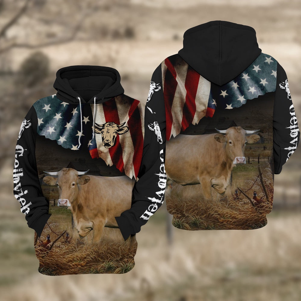 Gelbvieh Cattle US Flag All Over Printed Hoodie TT, Farmer Hoodie, Farm Themed Shirts, Farm Tee Shirts