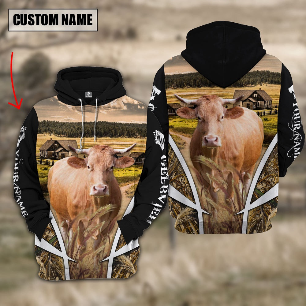 Gelbvieh Custom Name Meadow Pattern Black Hoodie, Farmer Hoodie, Custom Farm Shirts, Farmer T Shirt