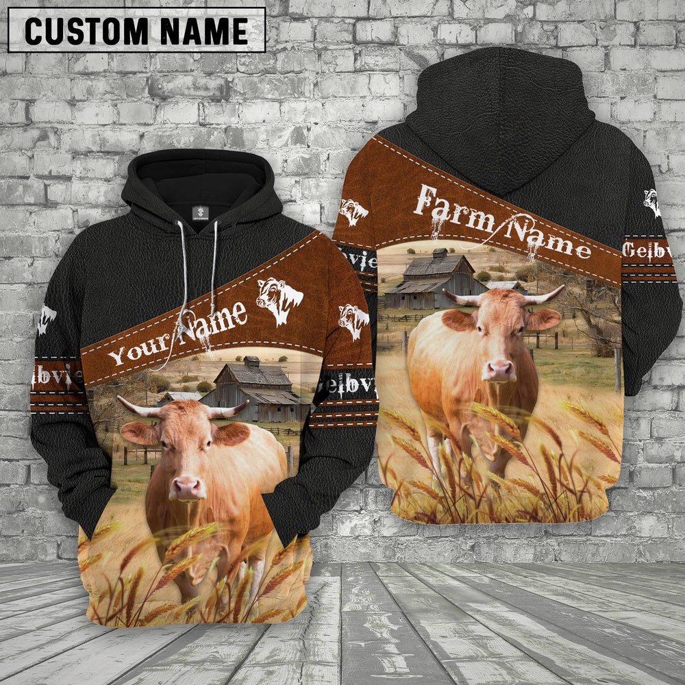 Gelbvieh On Farm Custom Name Printed 3D Black Hoodie, Farmer Hoodie, Custom Farm Shirts, Farmer T Shirt