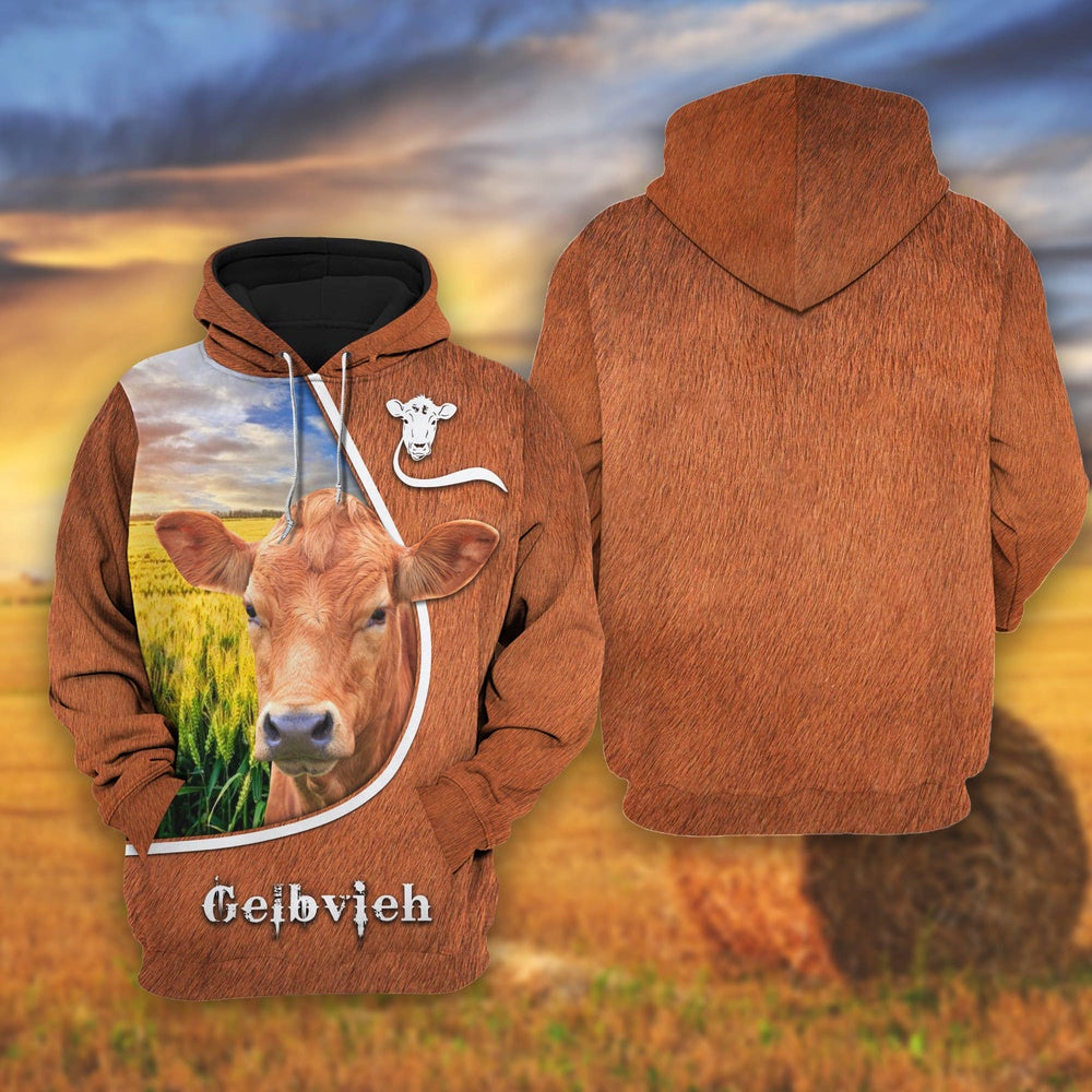 Gelbvieh On The Wheat Field All Over Printed Shirts, Farmer Hoodie, Farm Themed Shirts, Farm Tee Shirts