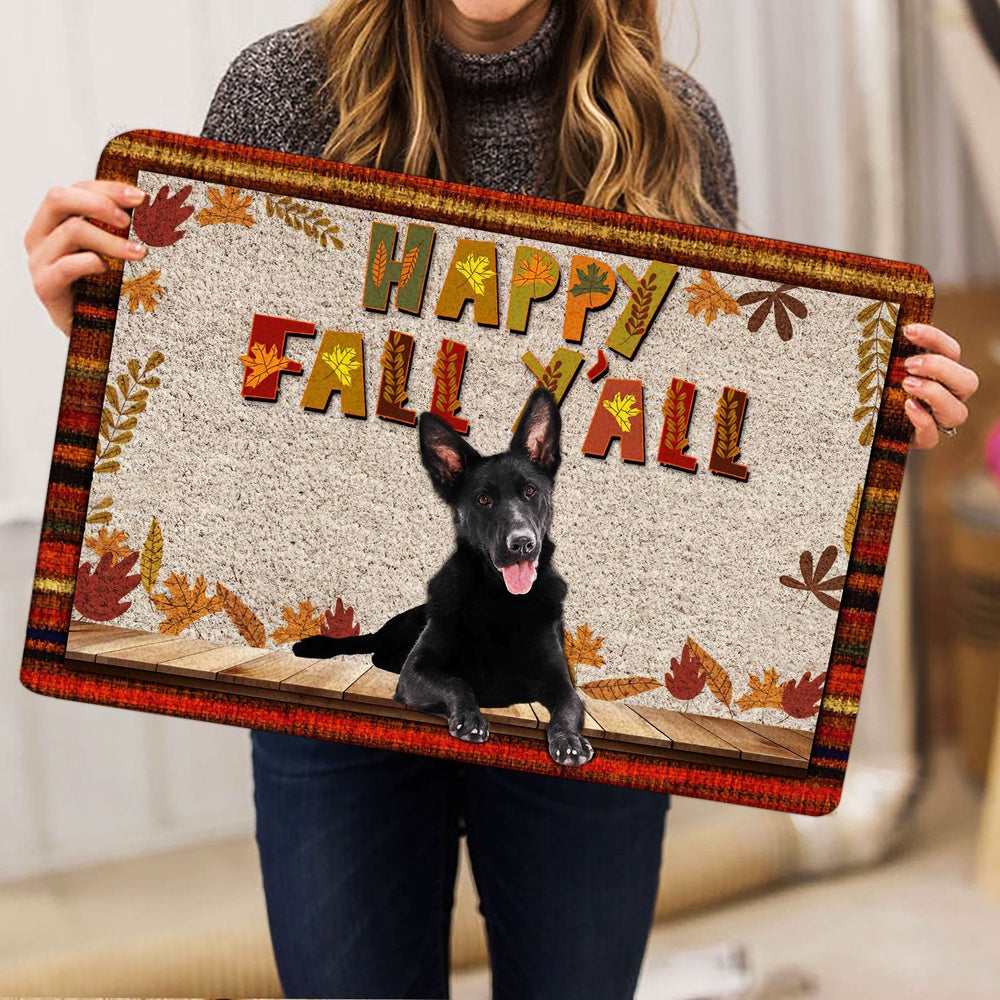 German Shepherd Welcome Doormat, Black German Shepherd Happy Fall Y'all Pumpkin Spice Maple Leaf Welcome Doormat, Pets Home Decor Door Mat