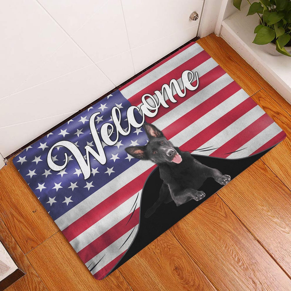German Shepherd Welcome Doormat, Funny Black German Shepherd Welcome American Flag USA Patriotic Welcome Doormat, Pets Home Decor Door Mat
