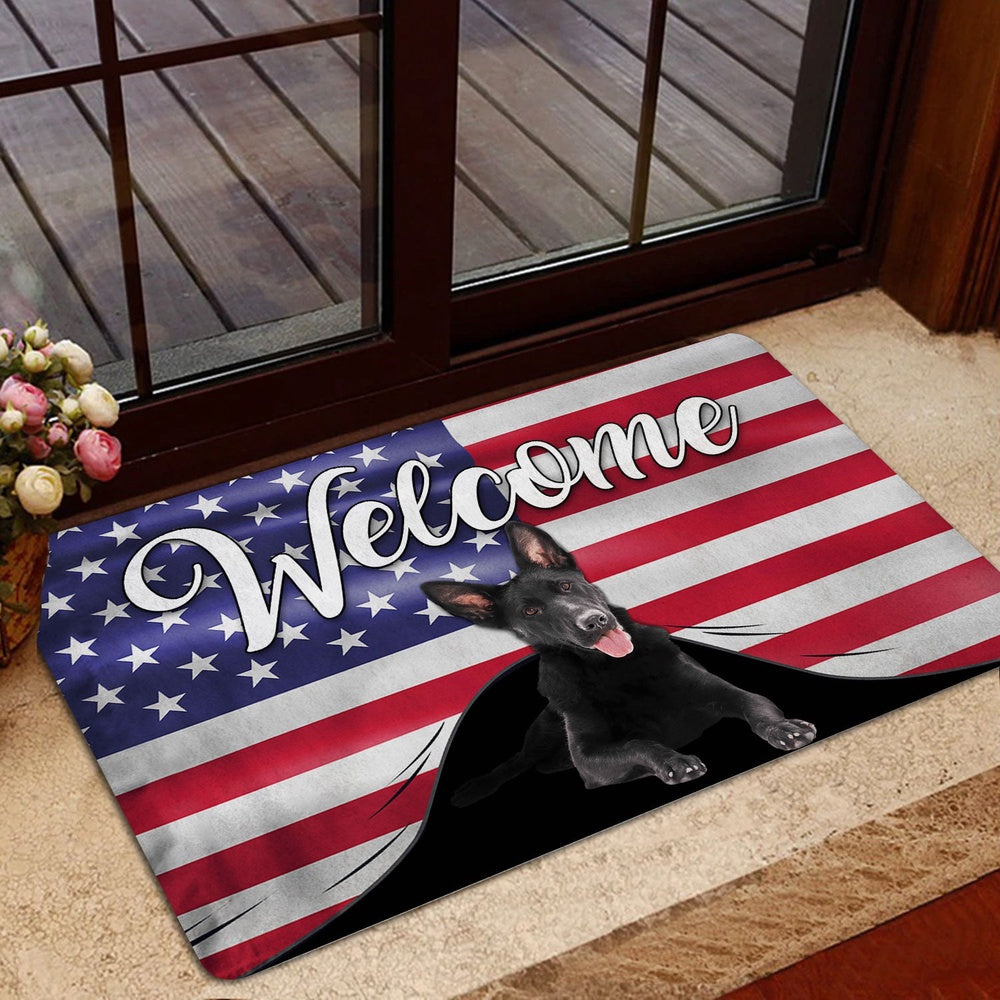 German Shepherd Welcome Doormat, Funny Black German Shepherd Welcome American Flag USA Patriotic Welcome Doormat, Pets Home Decor Door Mat