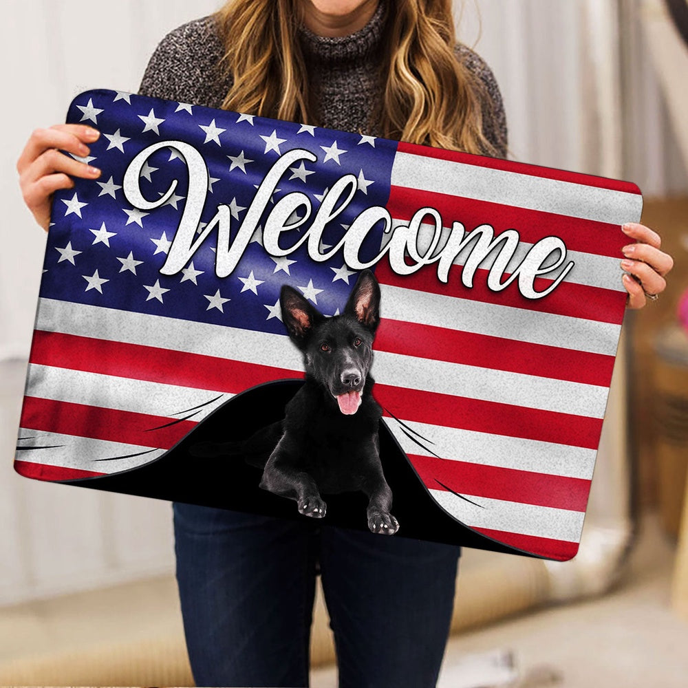 German Shepherd Welcome Doormat, Funny Black German Shepherd Welcome American Flag USA Patriotic Welcome Doormat, Pets Home Decor Door Mat