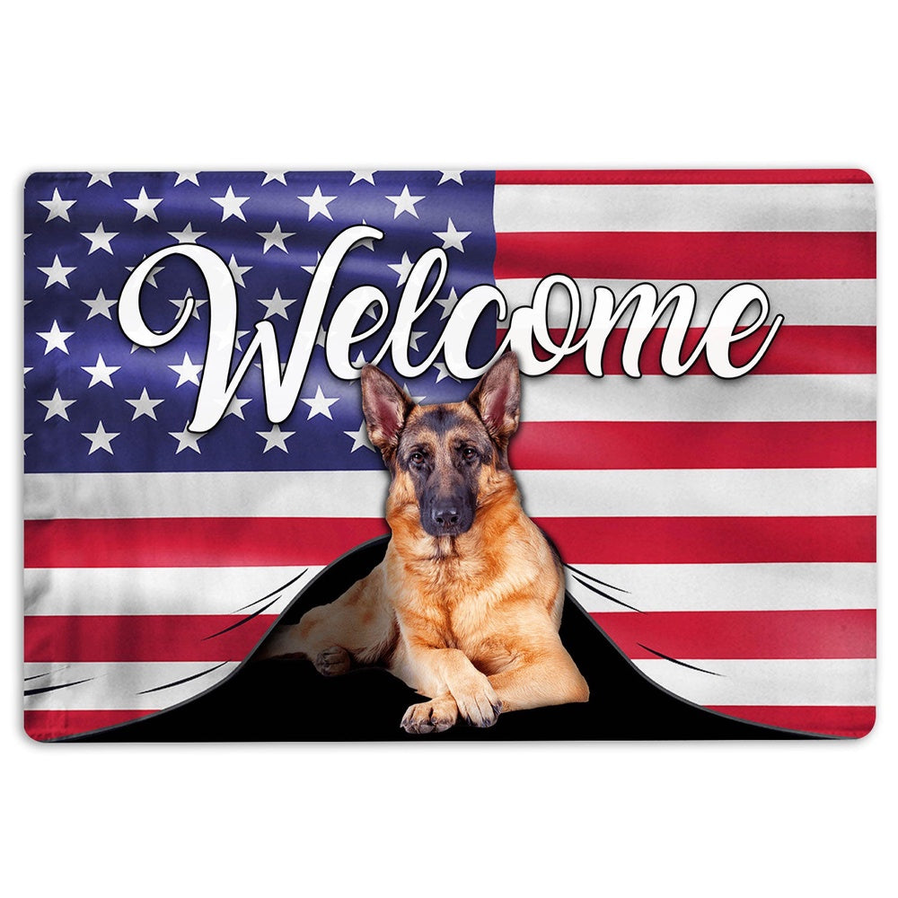 German Shepherd Welcome Doormat, Funny German Shepherd Dog Welcome American Flag USA Patriotic Welcome Doormat, Pets Home Decor Door Mat