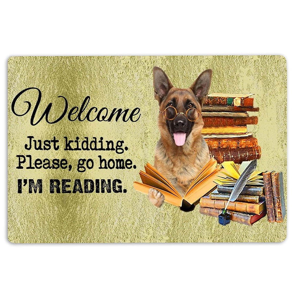 German Shepherd Welcome Doormat, German Shepherd Dog And Book Please Go Home I'm Reading Welcome Doormat, Pets Home Decor Door Mat
