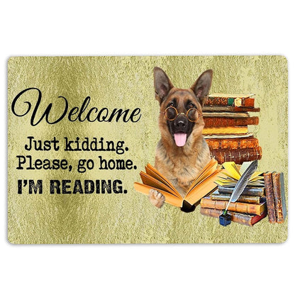 German Shepherd Welcome Doormat, German Shepherd Dog And Book Please Go Home I'm Reading Welcome Doormat, Pets Home Decor Door Mat