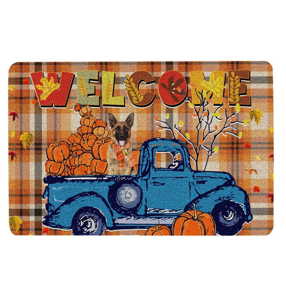 German Shepherd Welcome Doormat, German Shepherd Pumpkin Truck Welcome Autumn Happy Fall Y'all Welcome Doormat, Pets Home Decor Door Mat