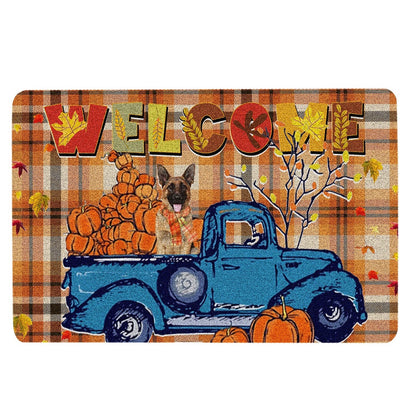 German Shepherd Welcome Doormat, German Shepherd Pumpkin Truck Welcome Autumn Happy Fall Y'all Welcome Doormat, Pets Home Decor Door Mat