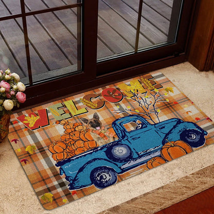 German Shepherd Welcome Doormat, German Shepherd Pumpkin Truck Welcome Autumn Happy Fall Y'all Welcome Doormat, Pets Home Decor Door Mat