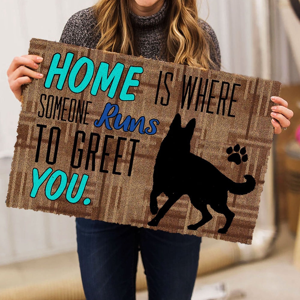 German Shepherd Welcome Doormat, Home Is Where Someone Runs To Greet You German Shepherd Dog Welcome Doormat, Pets Home Decor Door Mat