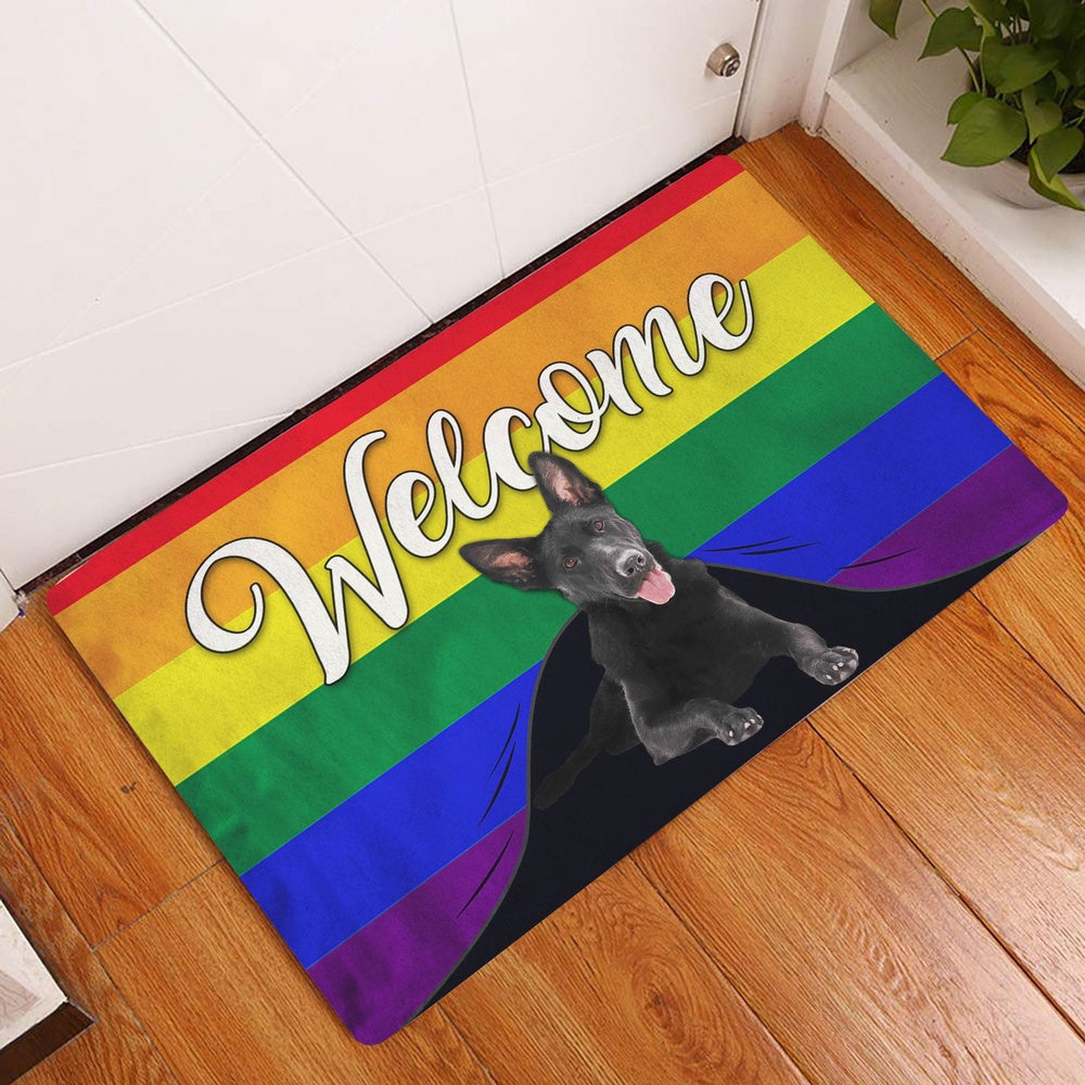 German Shepherd Welcome Doormat, LGBT Black German Shepherd Dog Welcome Pride Rainbow Flag Welcome Doormat, Pets Home Decor Door Mat