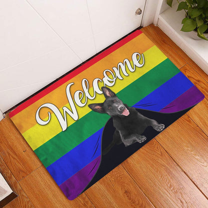 German Shepherd Welcome Doormat, LGBT Black German Shepherd Dog Welcome Pride Rainbow Flag Welcome Doormat, Pets Home Decor Door Mat