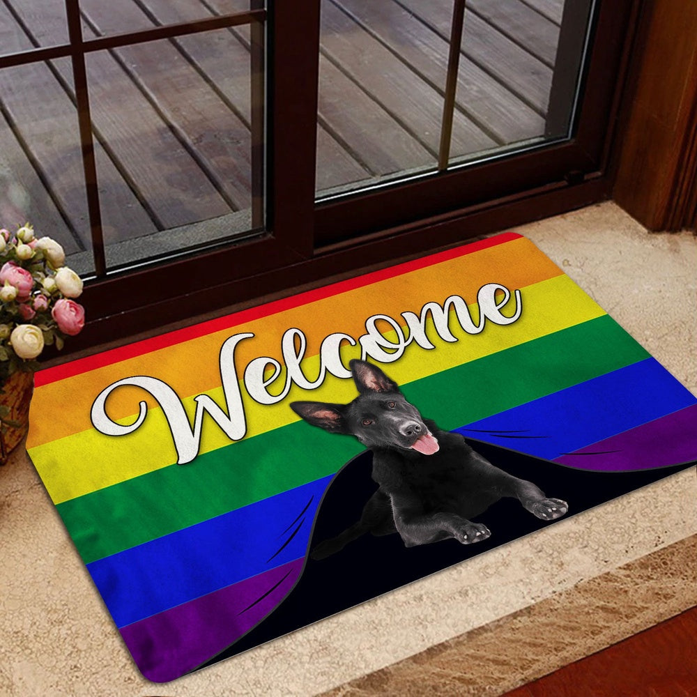 German Shepherd Welcome Doormat, LGBT Black German Shepherd Dog Welcome Pride Rainbow Flag Welcome Doormat, Pets Home Decor Door Mat