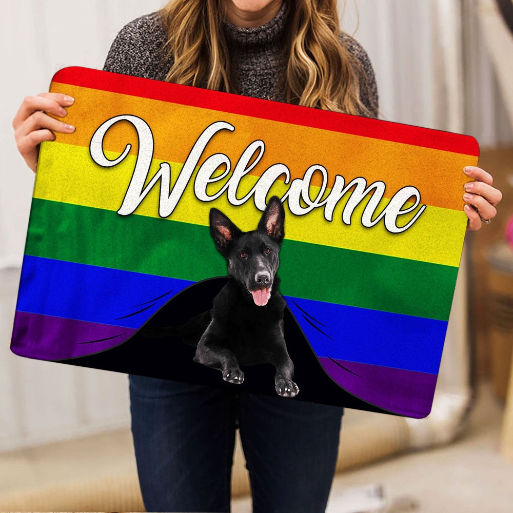 German Shepherd Welcome Doormat, LGBT Black German Shepherd Dog Welcome Pride Rainbow Flag Welcome Doormat, Pets Home Decor Door Mat