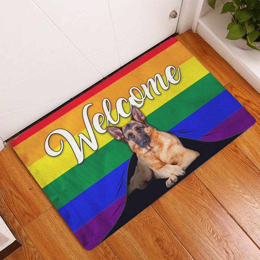 German Shepherd Welcome Doormat, LGBT German Shepherd Dog Welcome Pride Rainbow Flag Welcome Doormat, Pets Home Decor Door Mat
